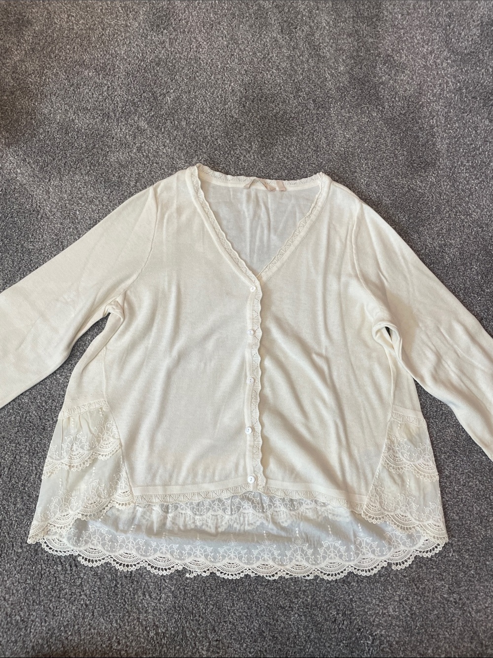 Soft Surroundings Ivory Lace-Trim Button-Front Cardigan